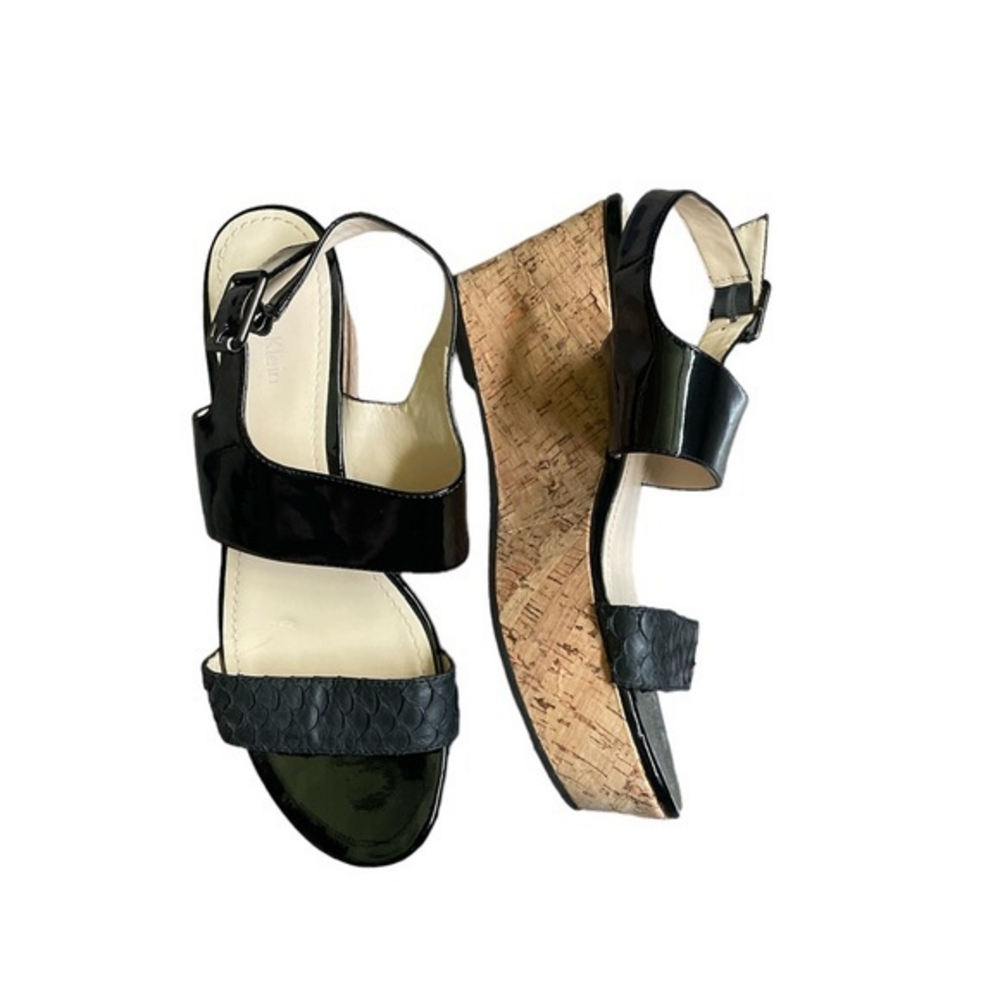 Calvin Klein Lorianne‎ Patent Cork Platform Sandals Ankle Strap Black Size 9.5